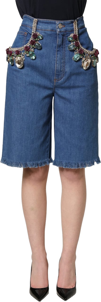 Dolce & Gabbana Blue Cotton Embellished BermudaDenim Shorts Blauw