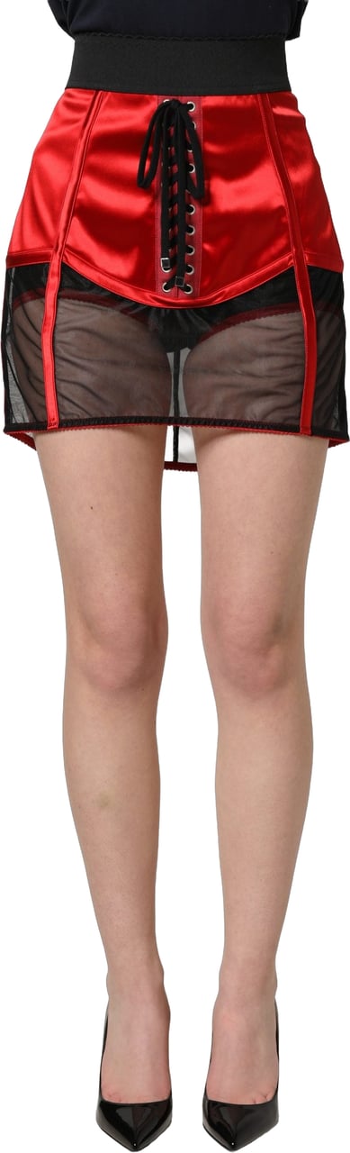 Dolce & Gabbana Red Satin Corset Style High Waist Mini Skirt Rood