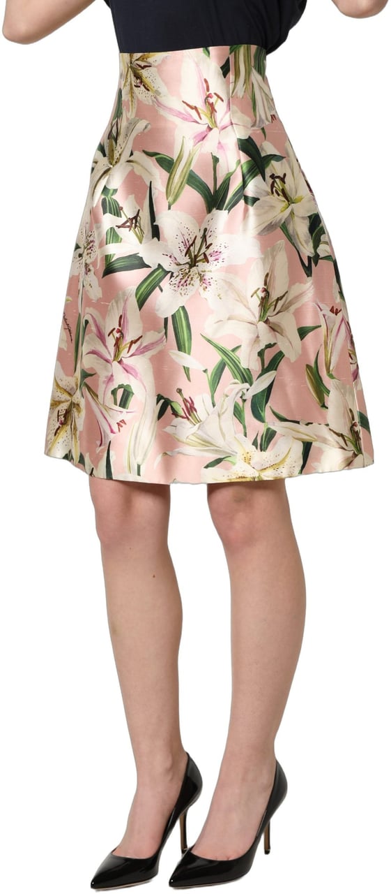 Dolce & Gabbana Pink Lilium High Waist Knee Length Skirt Roze