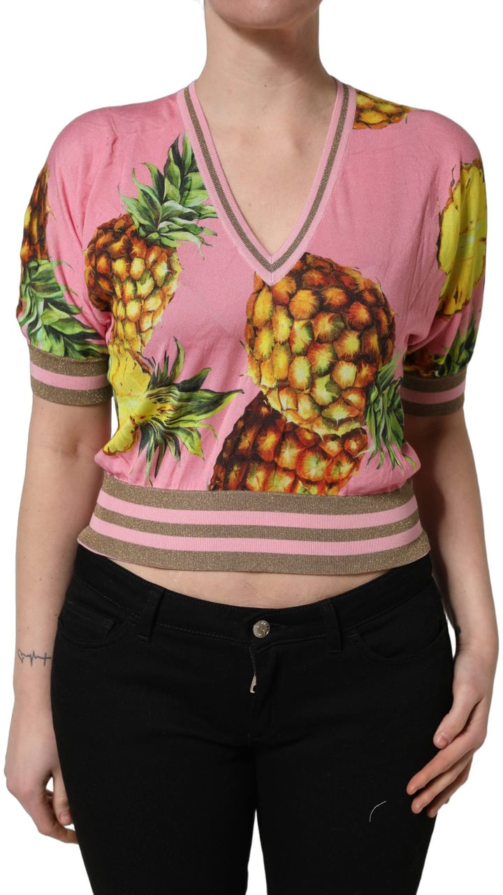 Dolce & Gabbana Pink Pineapple Vneck Short Sleeve Cropped Top Roze