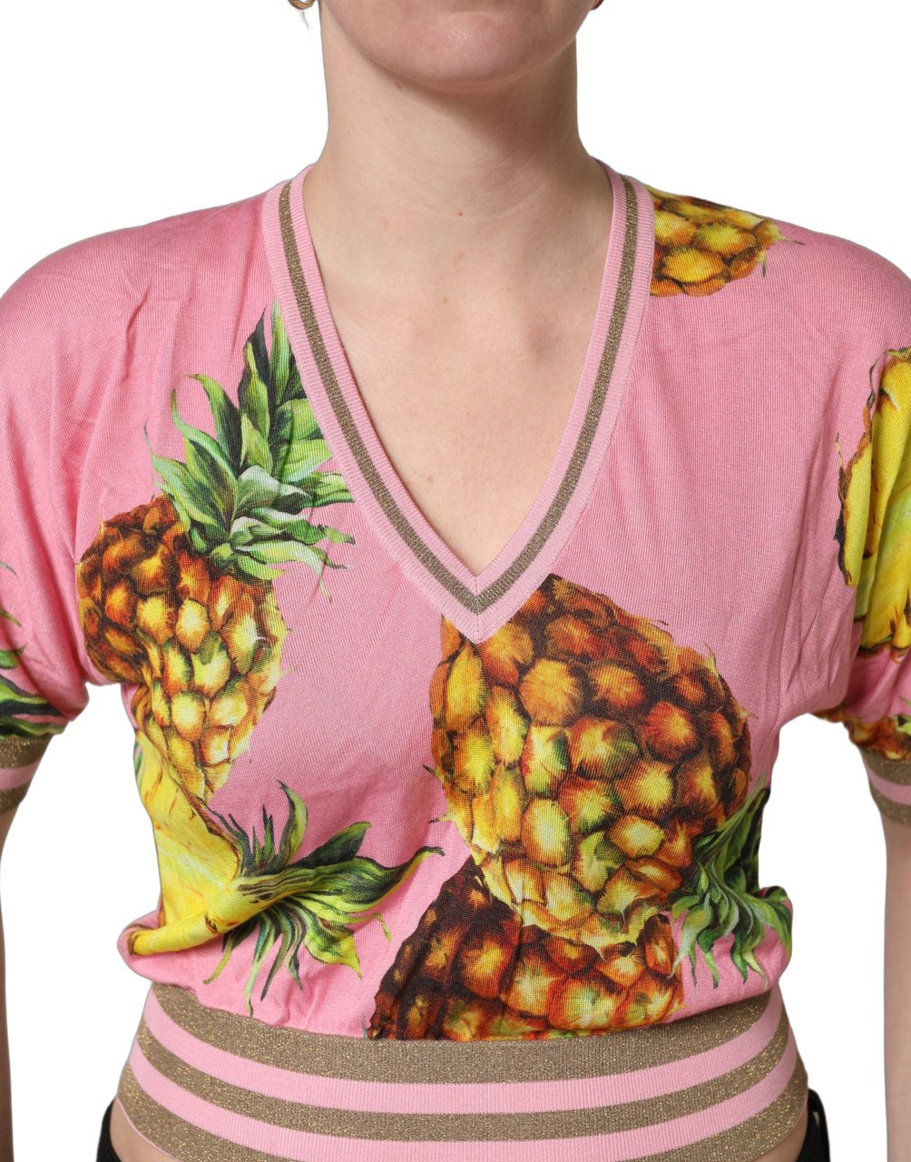 Dolce & Gabbana Pink Pineapple Vneck Short Sleeve Cropped Top Roze