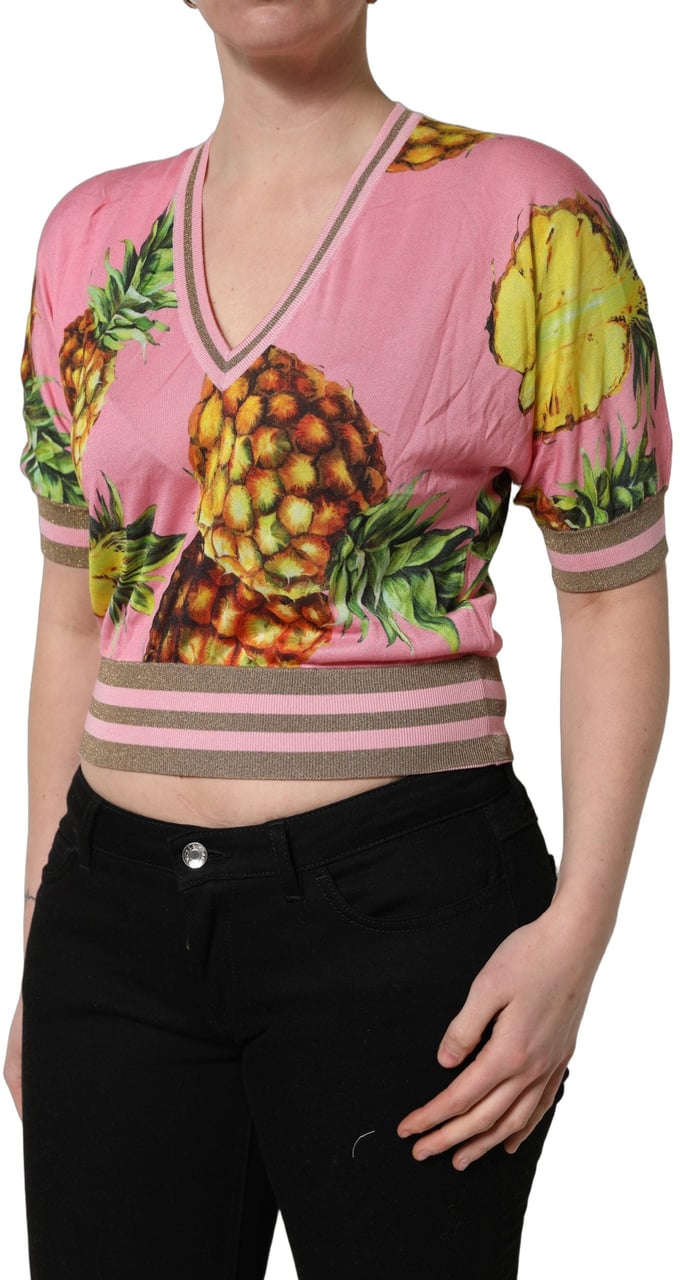 Dolce & Gabbana Pink Pineapple Vneck Short Sleeve Cropped Top Roze