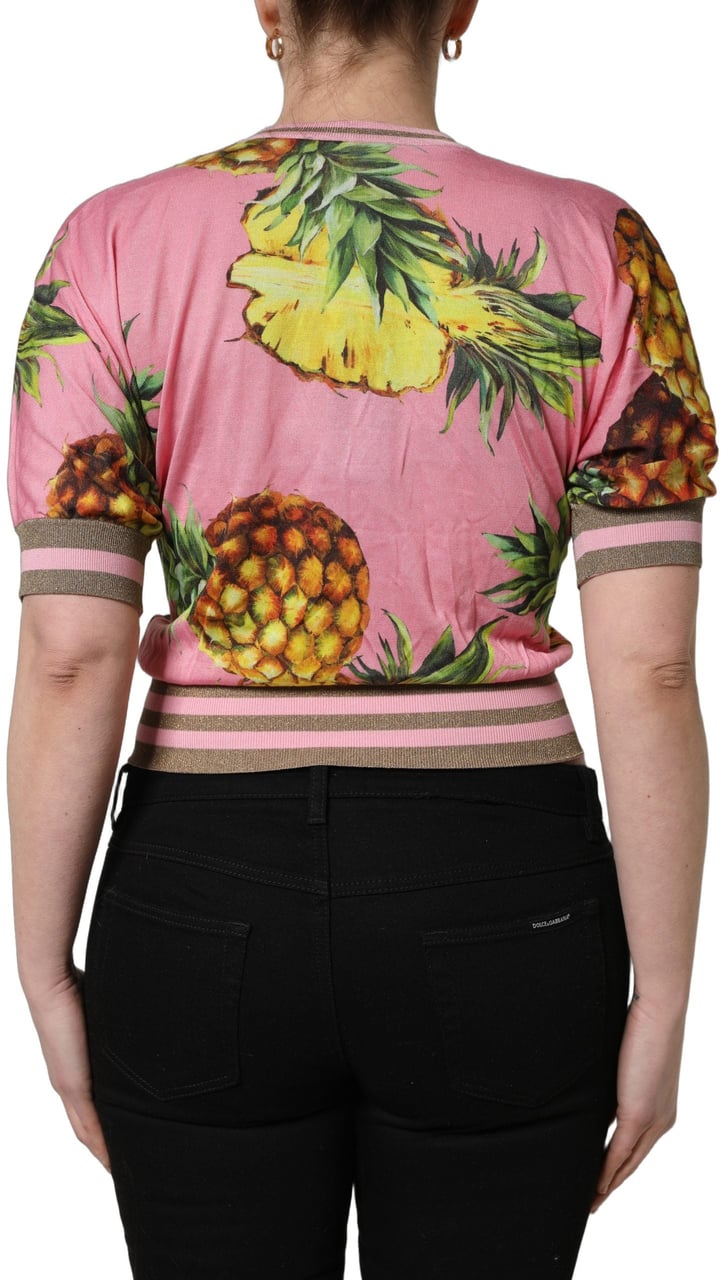 Dolce & Gabbana Pink Pineapple Vneck Short Sleeve Cropped Top Roze