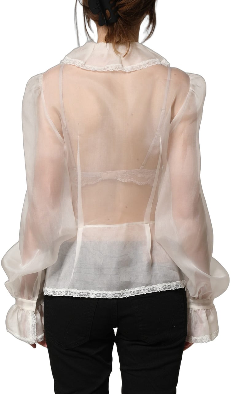 Dolce & Gabbana White Ruffled Sheer Silk Buttoned Blouse Top Wit