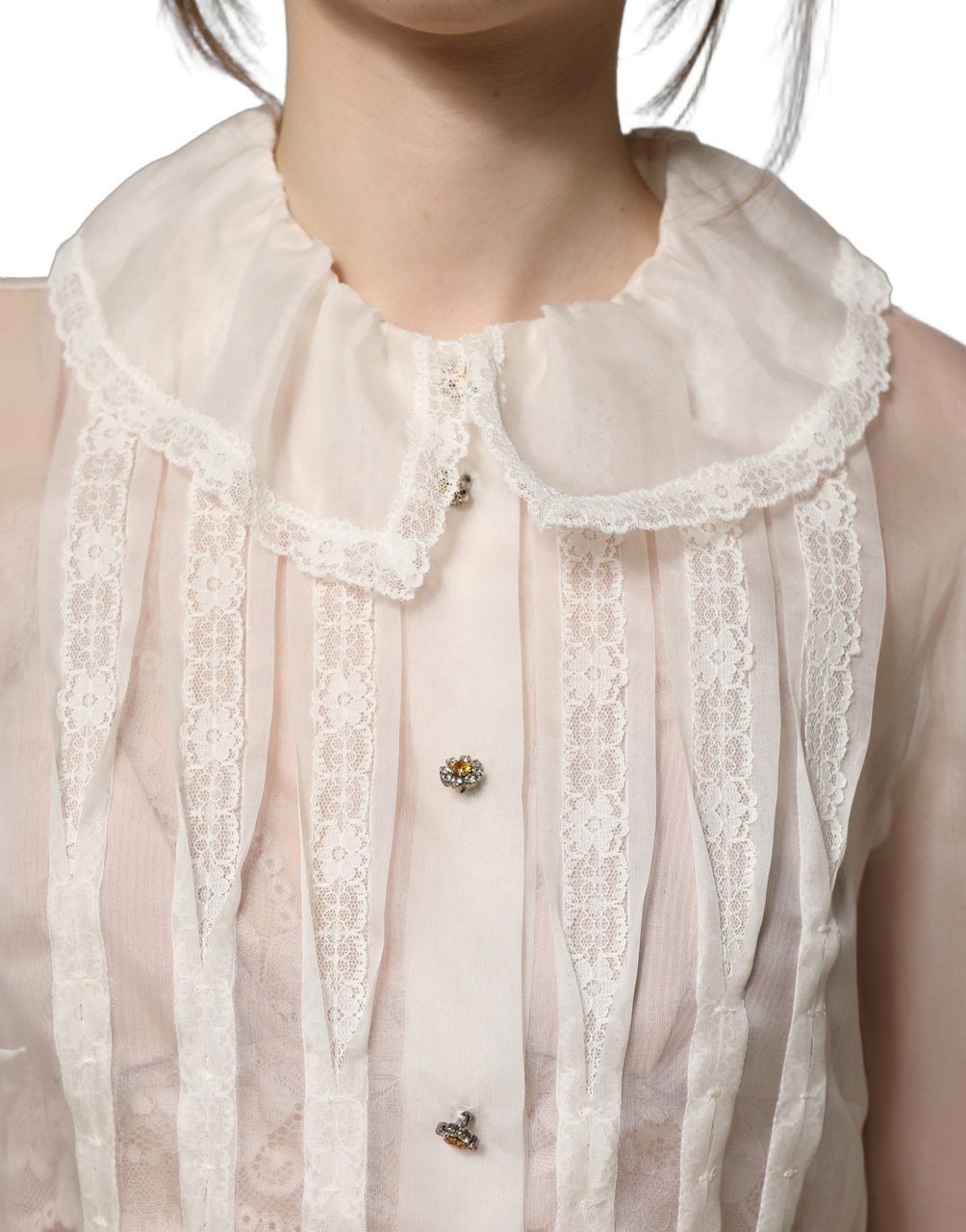 Dolce & Gabbana White Ruffled Sheer Silk Buttoned Blouse Top Wit