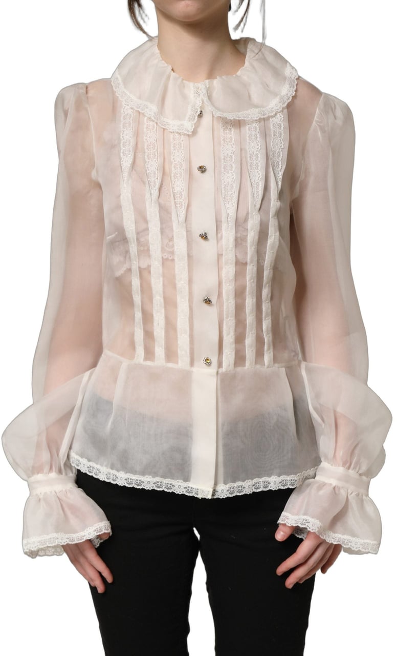Dolce & Gabbana White Ruffled Sheer Silk Buttoned Blouse Top Wit
