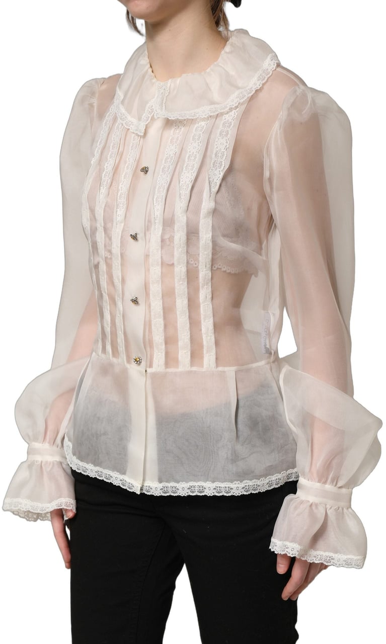 Dolce & Gabbana White Ruffled Sheer Silk Buttoned Blouse Top Wit