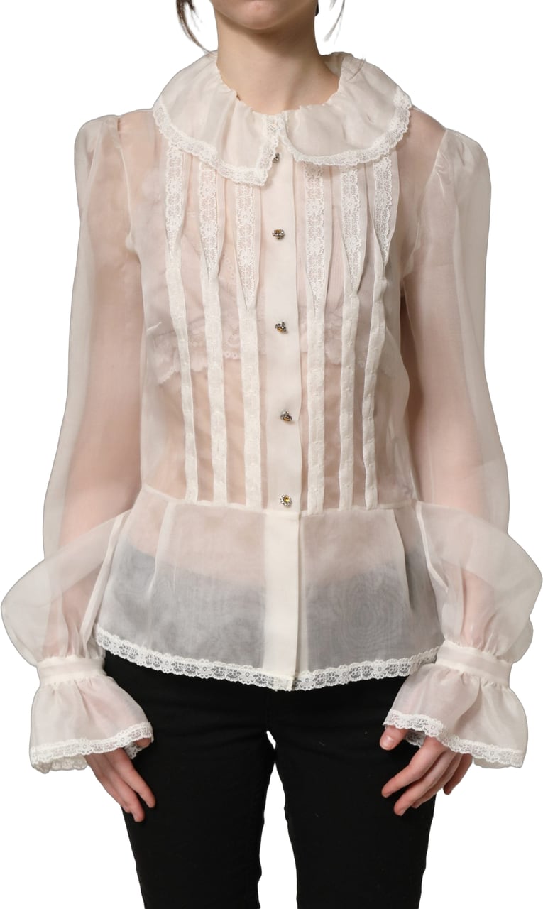 Dolce & Gabbana White Ruffled Sheer Silk Buttoned Blouse Top Wit