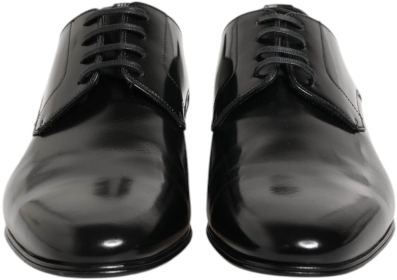 Dolce & Gabbana Black Calfskin Leather Derby Men Dress Shoes Zwart