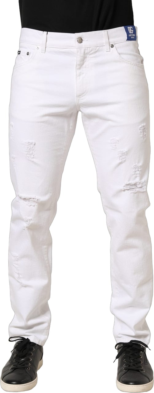 Dolce & Gabbana White Cotton Ripped Slim Fit Men Denim Jeans Wit