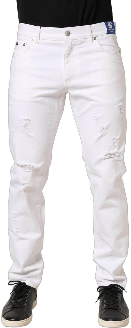 Dolce & Gabbana White Cotton Ripped Slim Fit Men Denim Jeans Wit