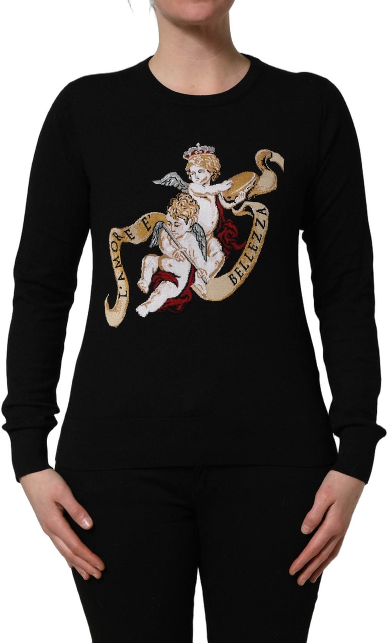 Dolce & Gabbana Black Angels Wool Crew Neck Pullover Sweater Zwart