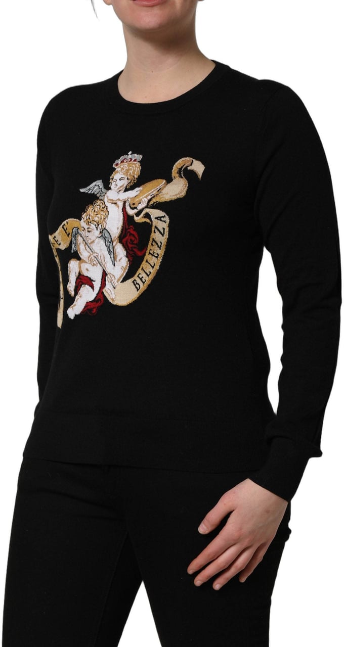 Dolce & Gabbana Black Angels Wool Crew Neck Pullover Sweater Zwart