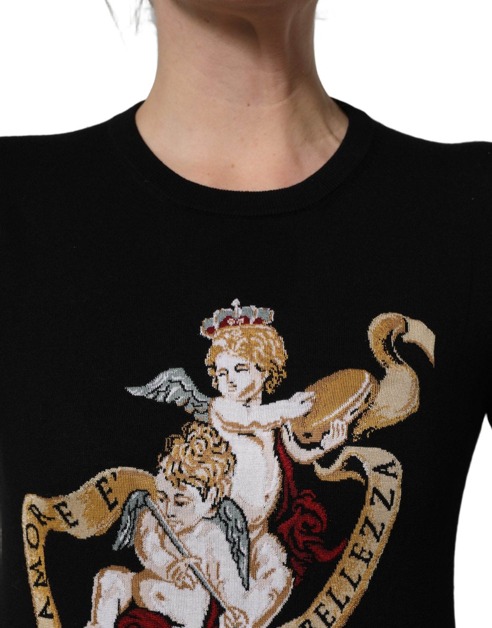 Dolce & Gabbana Black Angels Wool Crew Neck Pullover Sweater Zwart
