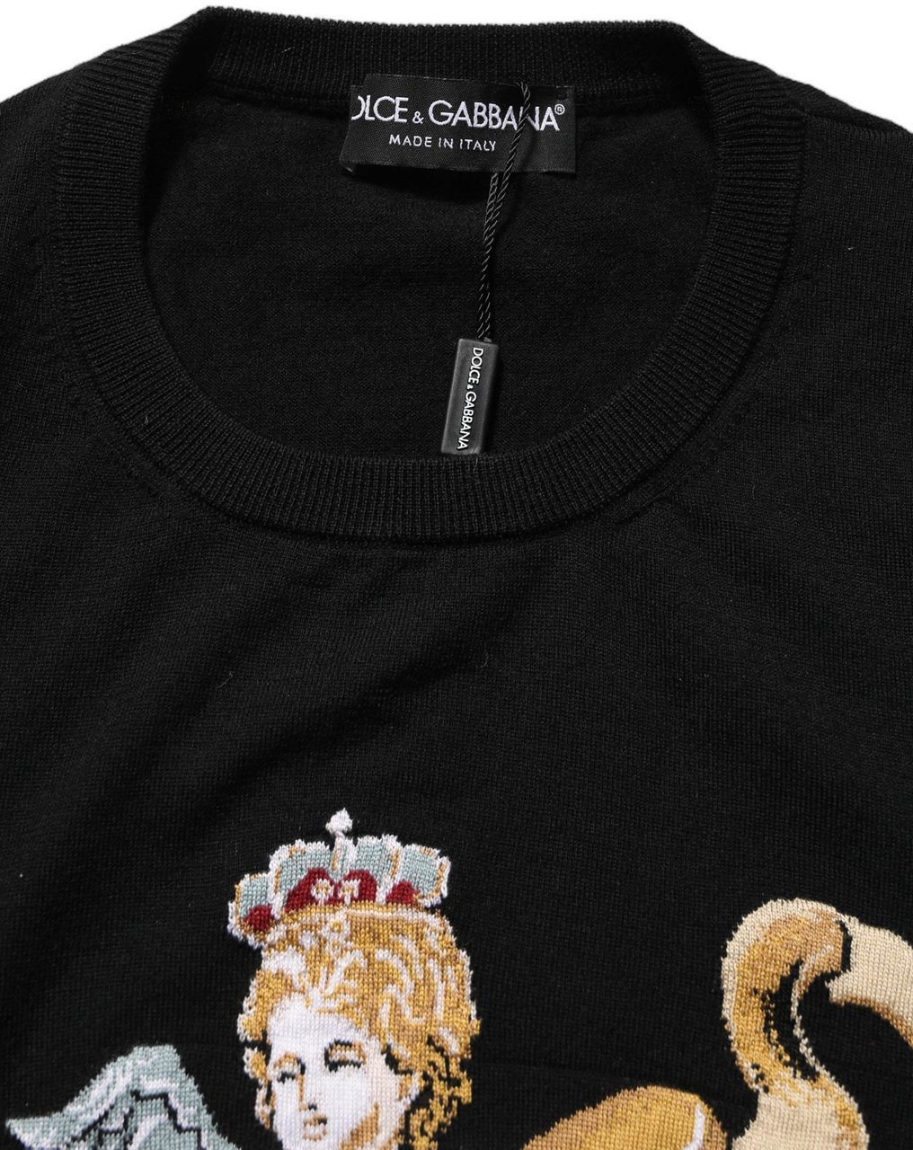 Dolce & Gabbana Black Angels Wool Crew Neck Pullover Sweater Zwart