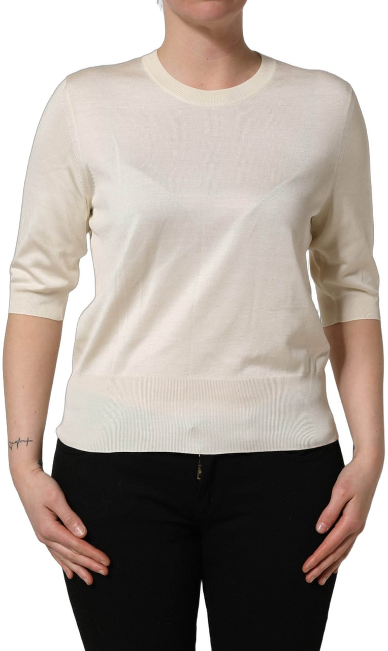 Dolce & Gabbana Off White 3/4 Sleeves Crewneck Pullover Sweater Wit