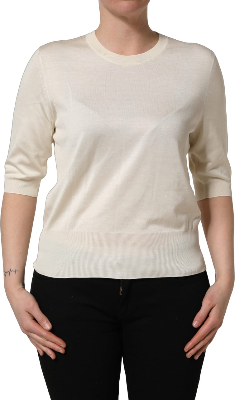 Dolce & Gabbana Off White 3/4 Sleeves Crewneck Pullover Sweater Wit