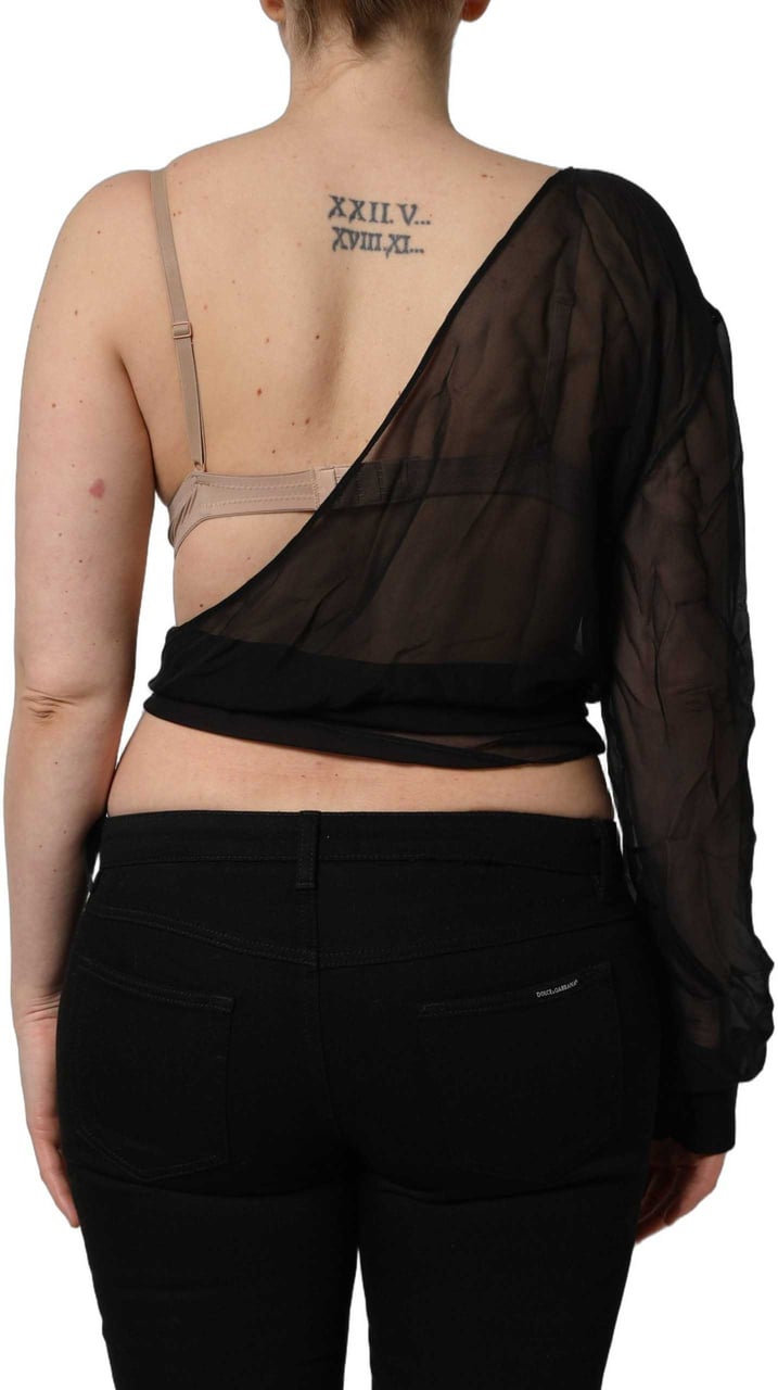 Dolce & Gabbana Black Wrap Sheer Chiffon One Shoulder Top Zwart