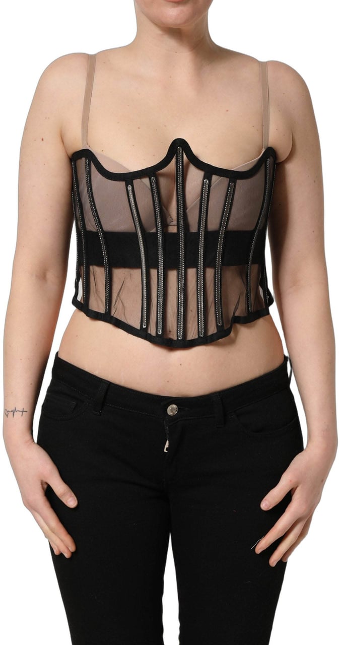 Dolce & Gabbana Black Sheer Tulle Bodysuit Cropped Corset Top Zwart