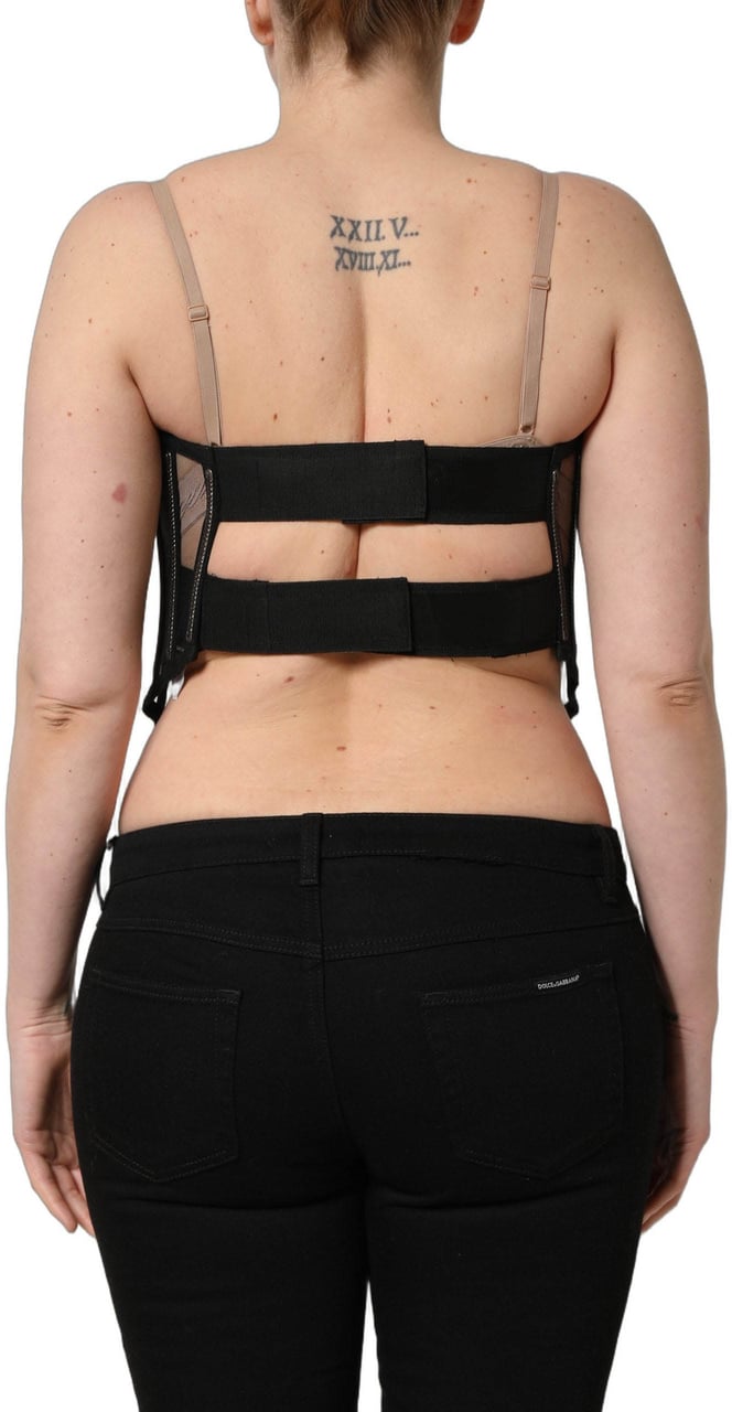 Dolce & Gabbana Black Sheer Tulle Bodysuit Cropped Corset Top Zwart