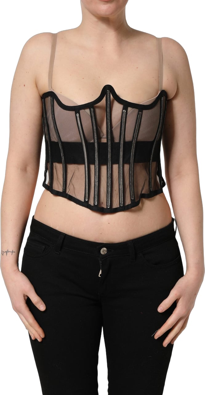 Dolce & Gabbana Black Sheer Tulle Bodysuit Cropped Corset Top Zwart