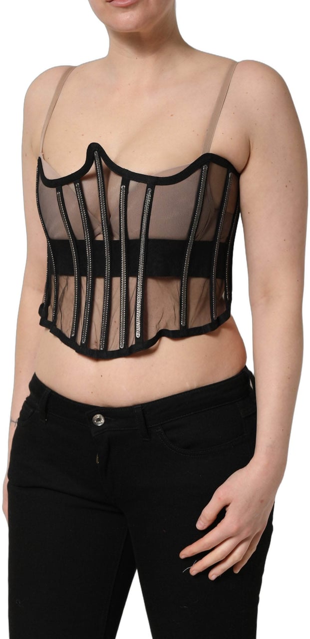 Dolce & Gabbana Black Sheer Tulle Bodysuit Cropped Corset Top Zwart