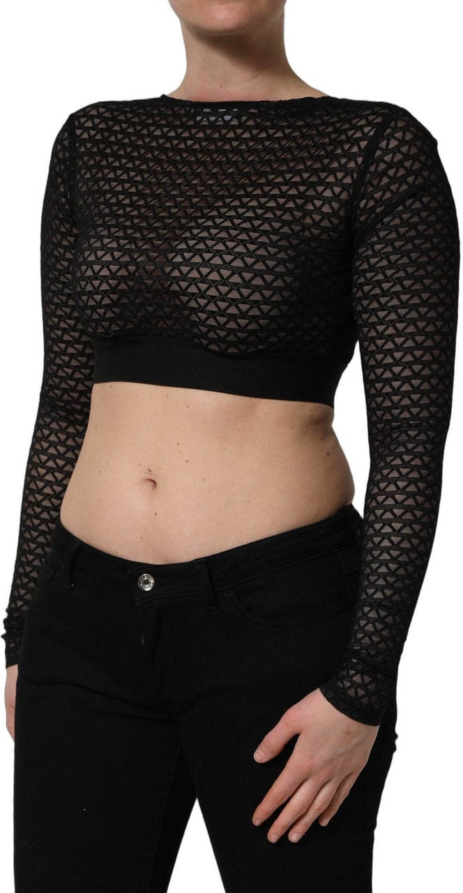 Dolce & Gabbana Black Nylon Fishnet Long Sleeve Cropped Top Zwart