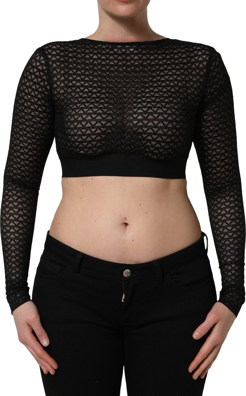 Dolce & Gabbana Black Nylon Fishnet Long Sleeve Cropped Top Zwart
