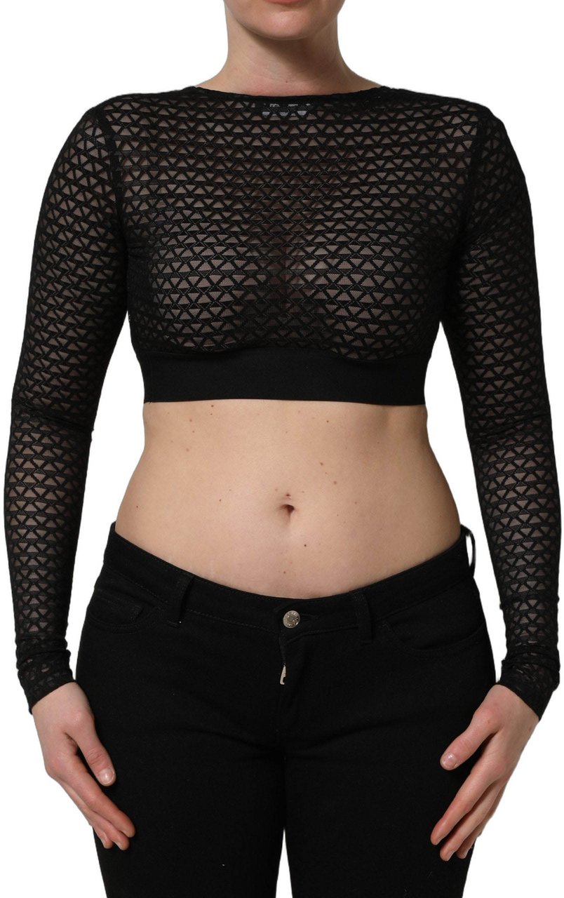 Dolce & Gabbana Black Nylon Fishnet Long Sleeve Cropped Top Zwart