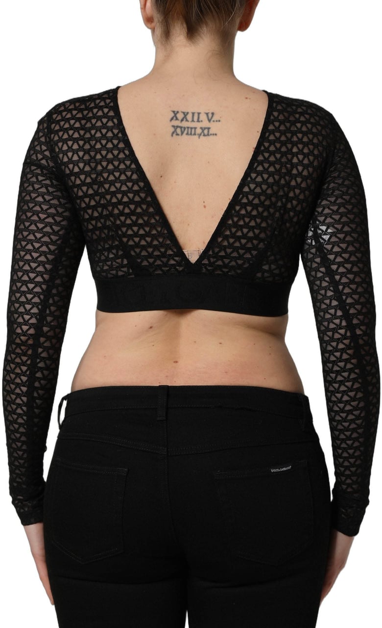 Dolce & Gabbana Black Nylon Fishnet Long Sleeve Cropped Top Zwart