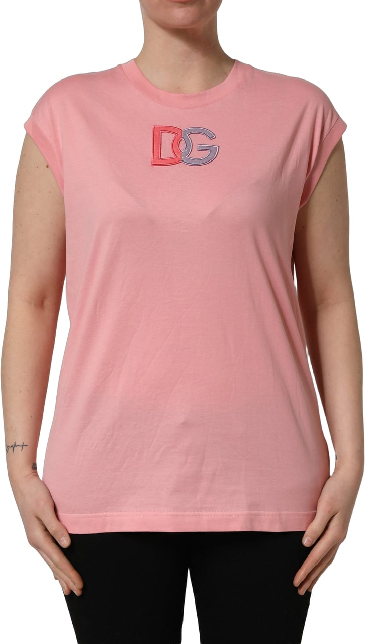 Dolce & Gabbana Pink Cotton DG Logo Round Neck Tank T-shirt Roze