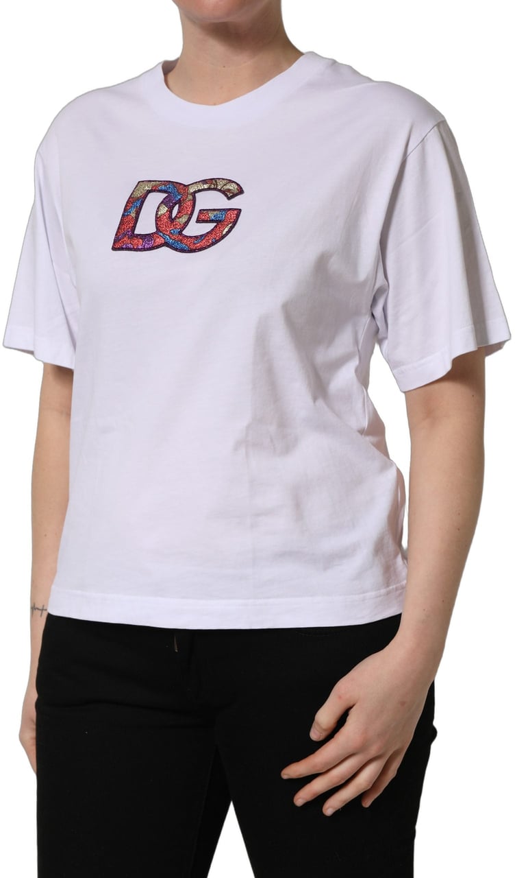 Dolce & Gabbana White Cotton DG Logo Patch Crew Neck T-shirt Grijs
