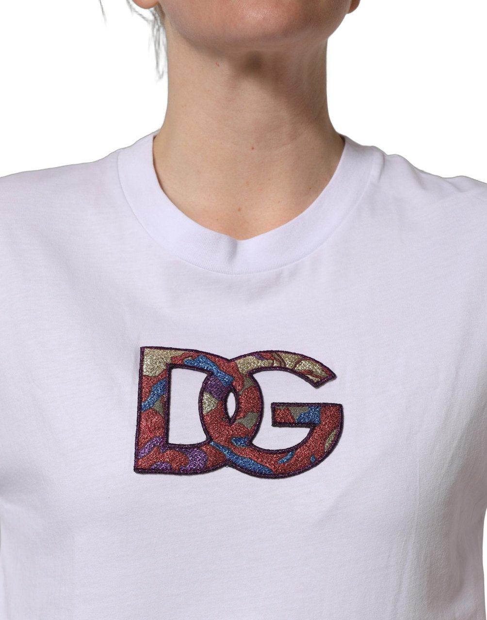 Dolce & Gabbana White Cotton DG Logo Patch Crew Neck T-shirt Grijs