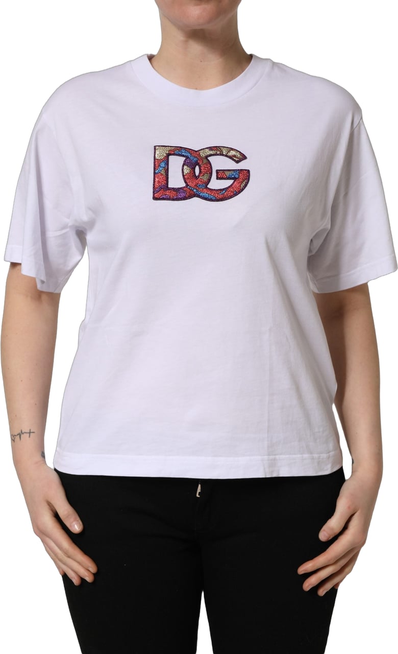 Dolce & Gabbana White Cotton DG Logo Patch Crew Neck T-shirt Grijs