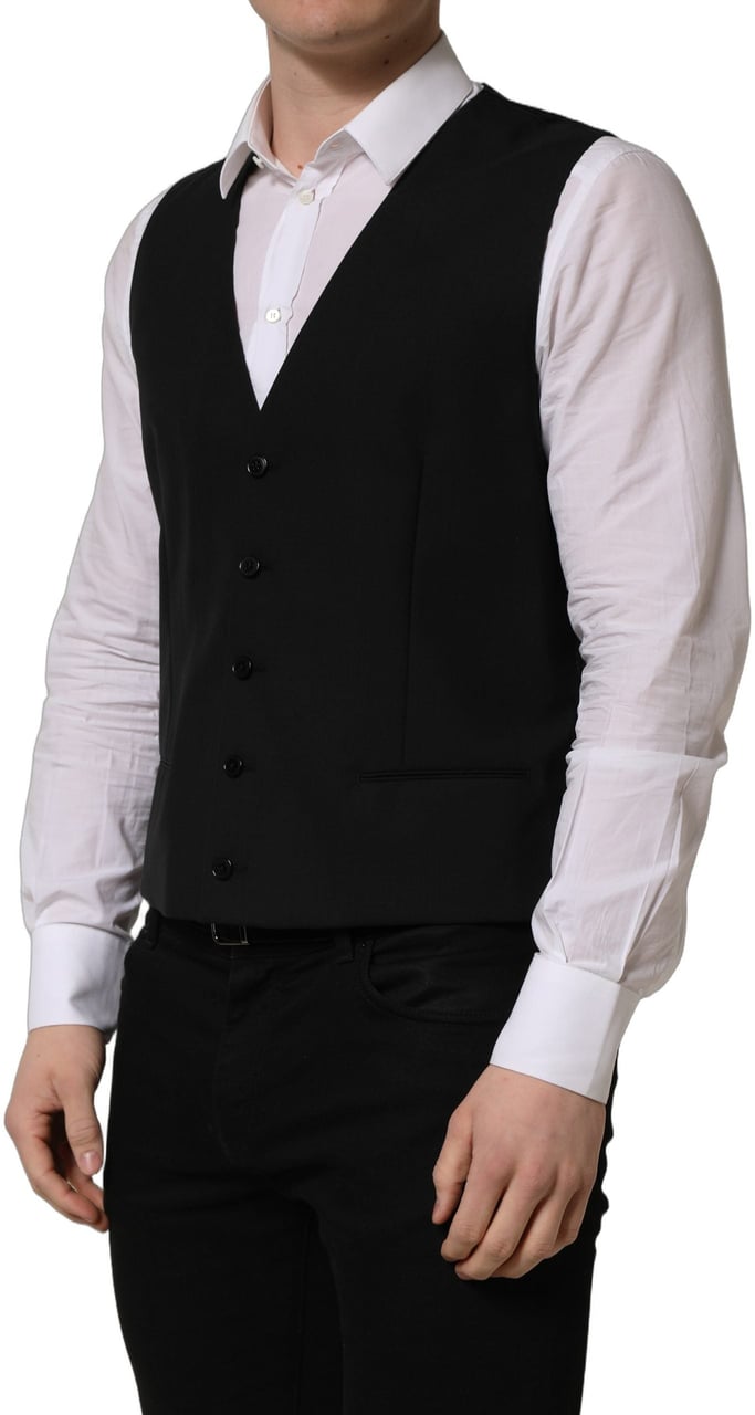 Dolce & Gabbana Black Wool Single Breasted Waistcoat Vest Zwart