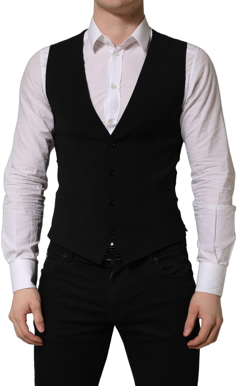 Dolce & Gabbana Black Wool Single Breasted Waistcoat Vest Zwart