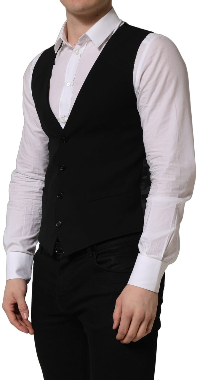 Dolce & Gabbana Black Wool Single Breasted Waistcoat Vest Zwart