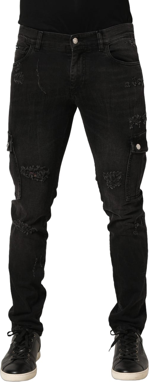 Dolce & Gabbana Black Distressed Cargo Cotton Men Denim Jeans Zwart