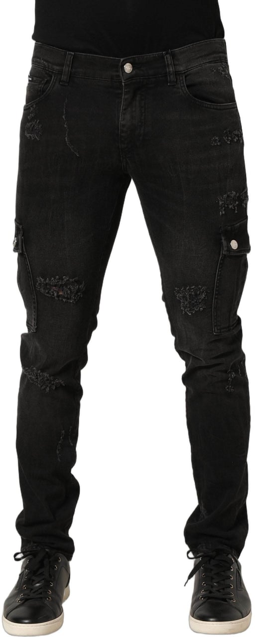 Dolce & Gabbana Black Distressed Cargo Cotton Men Denim Jeans Zwart