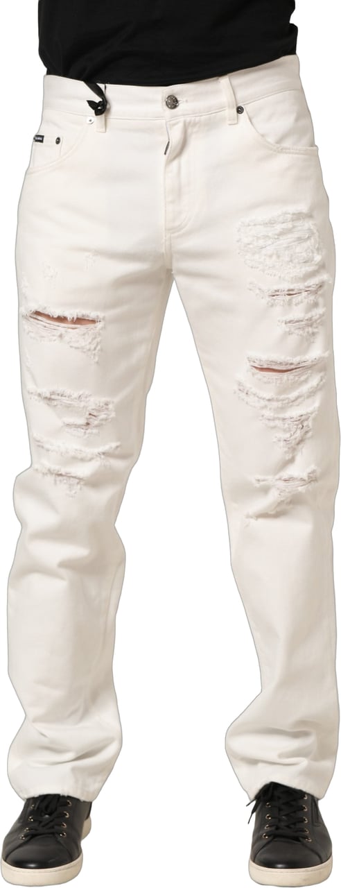 Dolce & Gabbana White Cotton Distressed Straight Denim Jeans Wit
