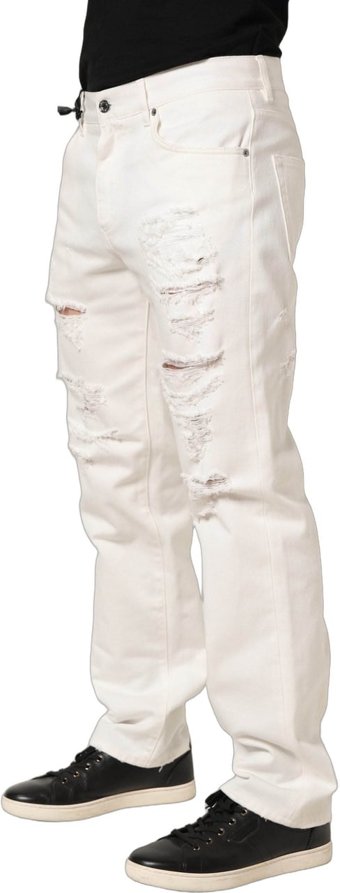 Dolce & Gabbana White Cotton Distressed Straight Denim Jeans Wit