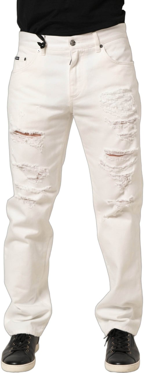 Dolce & Gabbana White Cotton Distressed Straight Denim Jeans Wit
