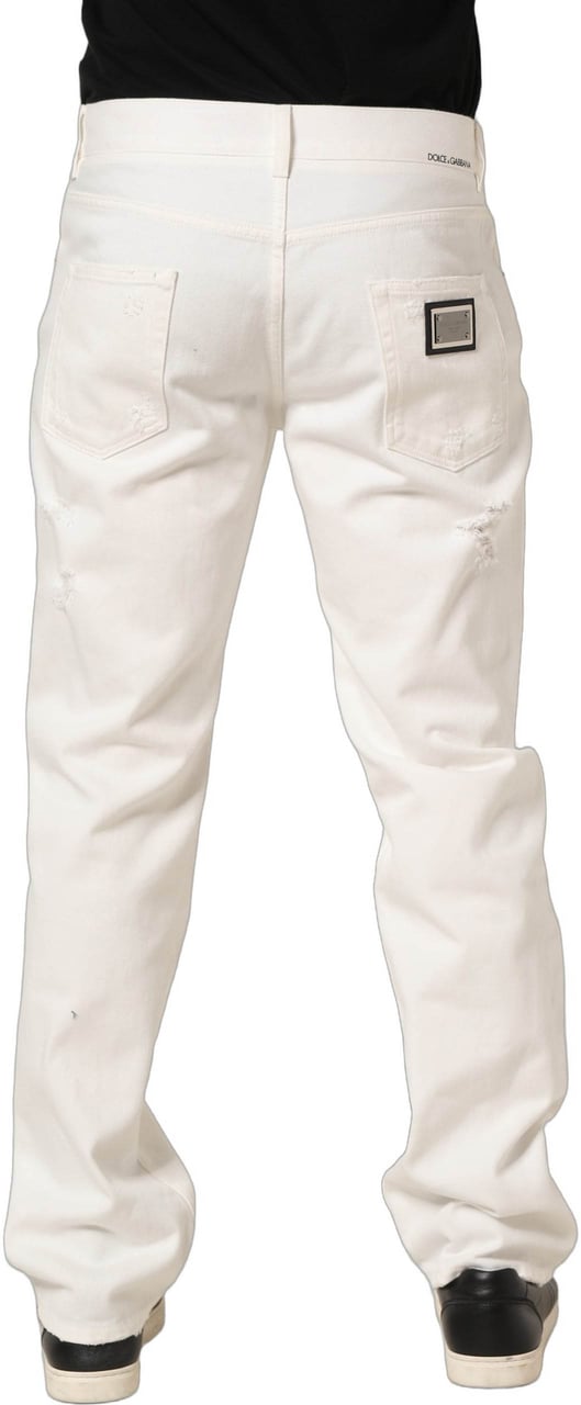 Dolce & Gabbana White Cotton Distressed Straight Denim Jeans Wit