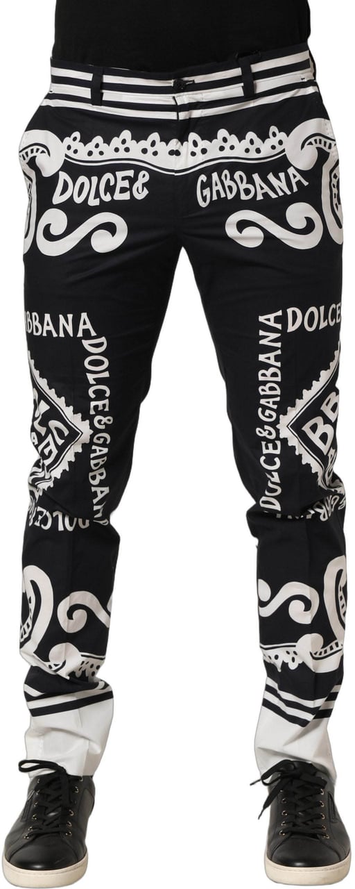 Dolce & Gabbana Black Cotton Poplin MarinaPrint Trouser Pants Zwart