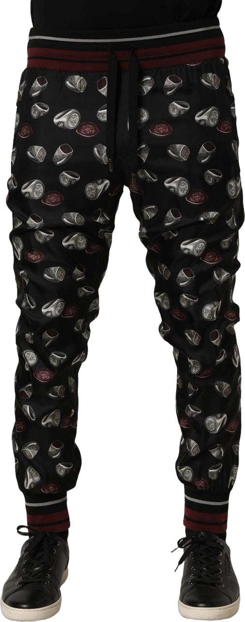 Dolce & Gabbana Pants Black Ring Print Silk Jogging Trousers Zwart