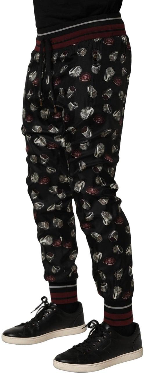 Dolce & Gabbana Pants Black Ring Print Silk Jogging Trousers Zwart