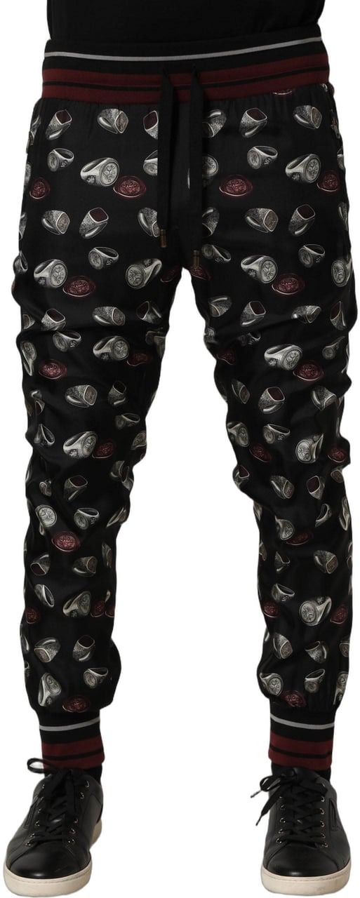 Dolce & Gabbana Pants Black Ring Print Silk Jogging Trousers Zwart