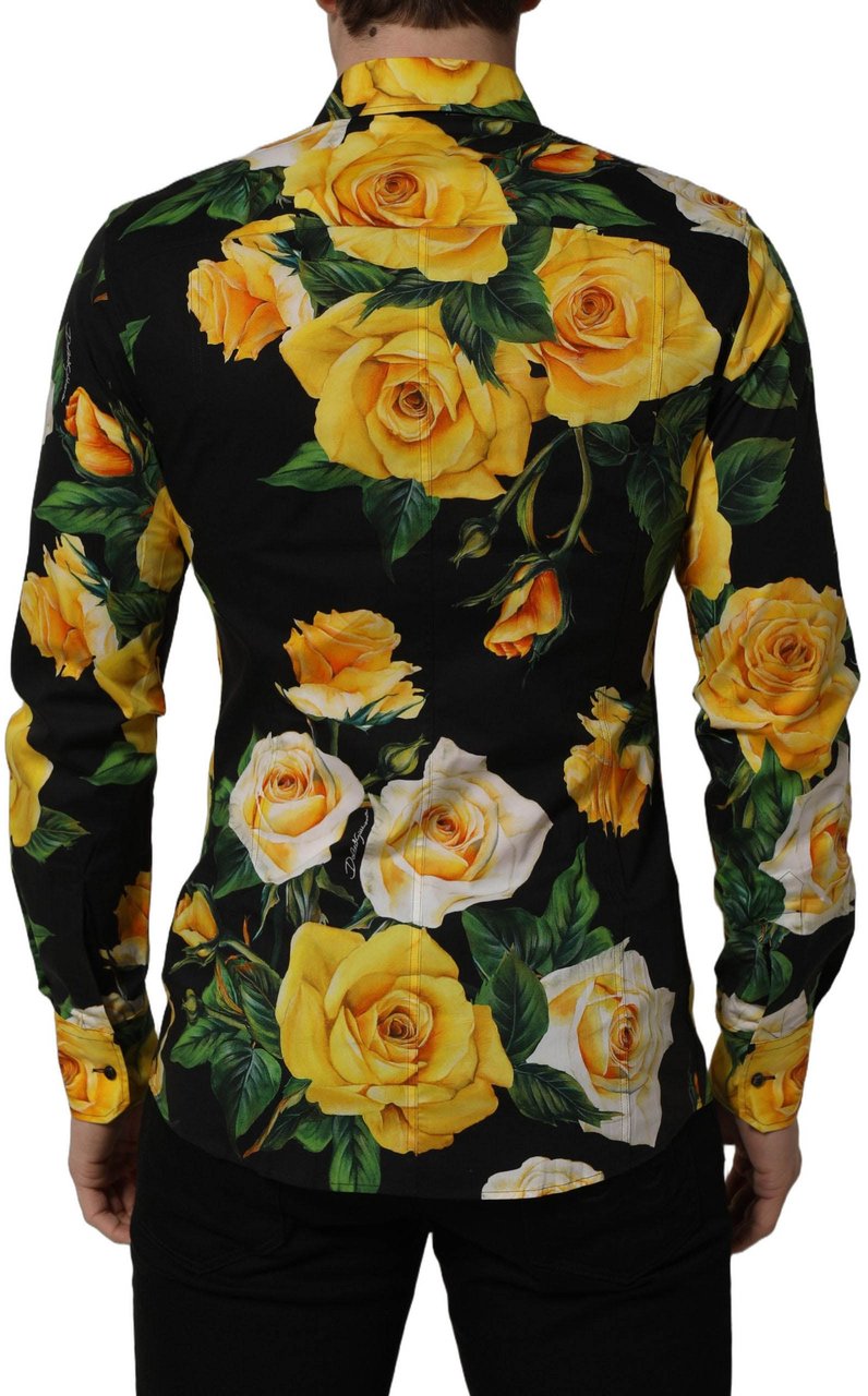 Dolce & Gabbana Black Floral Stretch Cotton SICILIA Fit Dress Shirt Zwart