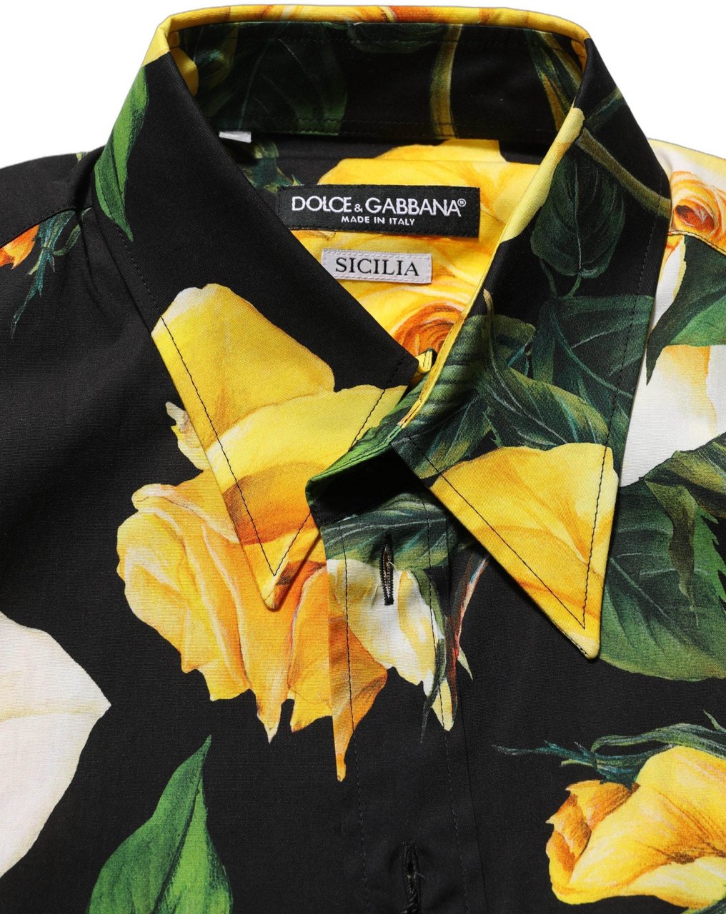 Dolce & Gabbana Black Floral Stretch Cotton SICILIA Fit Dress Shirt Zwart