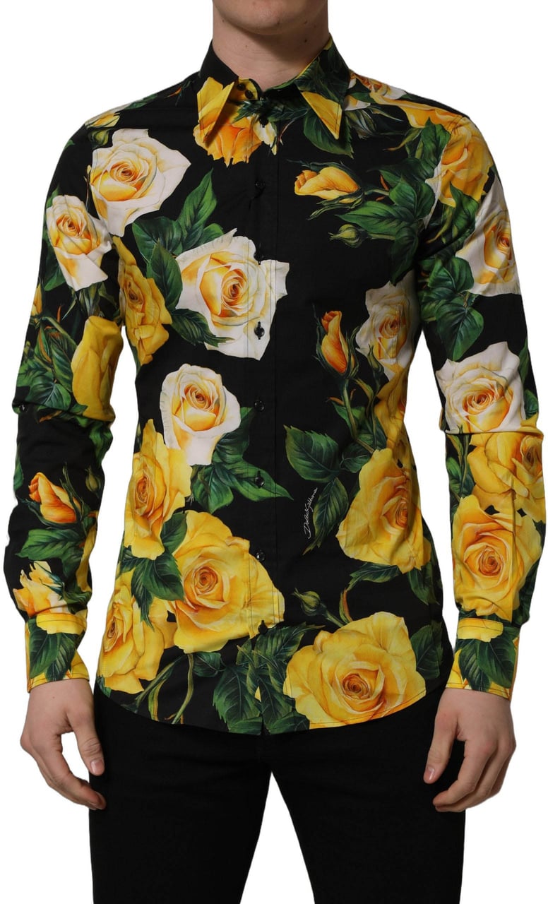 Dolce & Gabbana Black Floral Stretch Cotton SICILIA Fit Dress Shirt Zwart